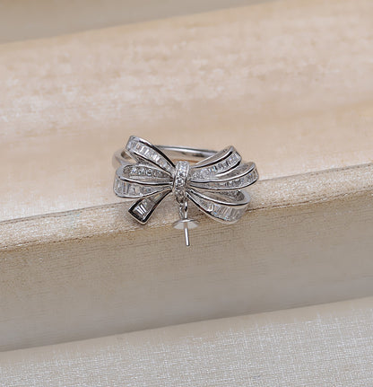 Adjustable Size CZ Bow Tie Pearl Ring Mounting-S925 Sterling Silver - Feliz Pearl 