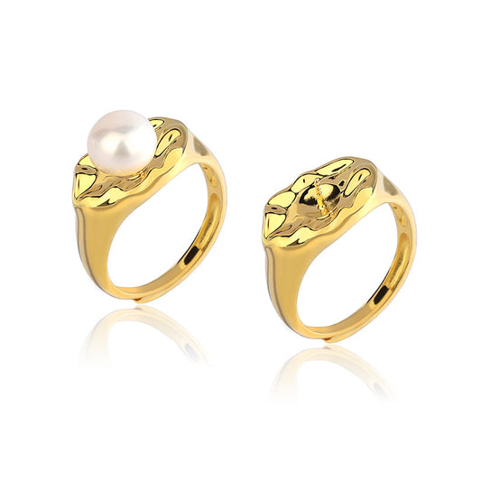 S925 Silver Vintage Irregular Design Wide Band Pearl Ring Setting - Feliz Pearl 