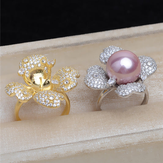 Luxury Silver Cubic Zirconia Flower Pearl Ring Settings - Feliz Pearl 