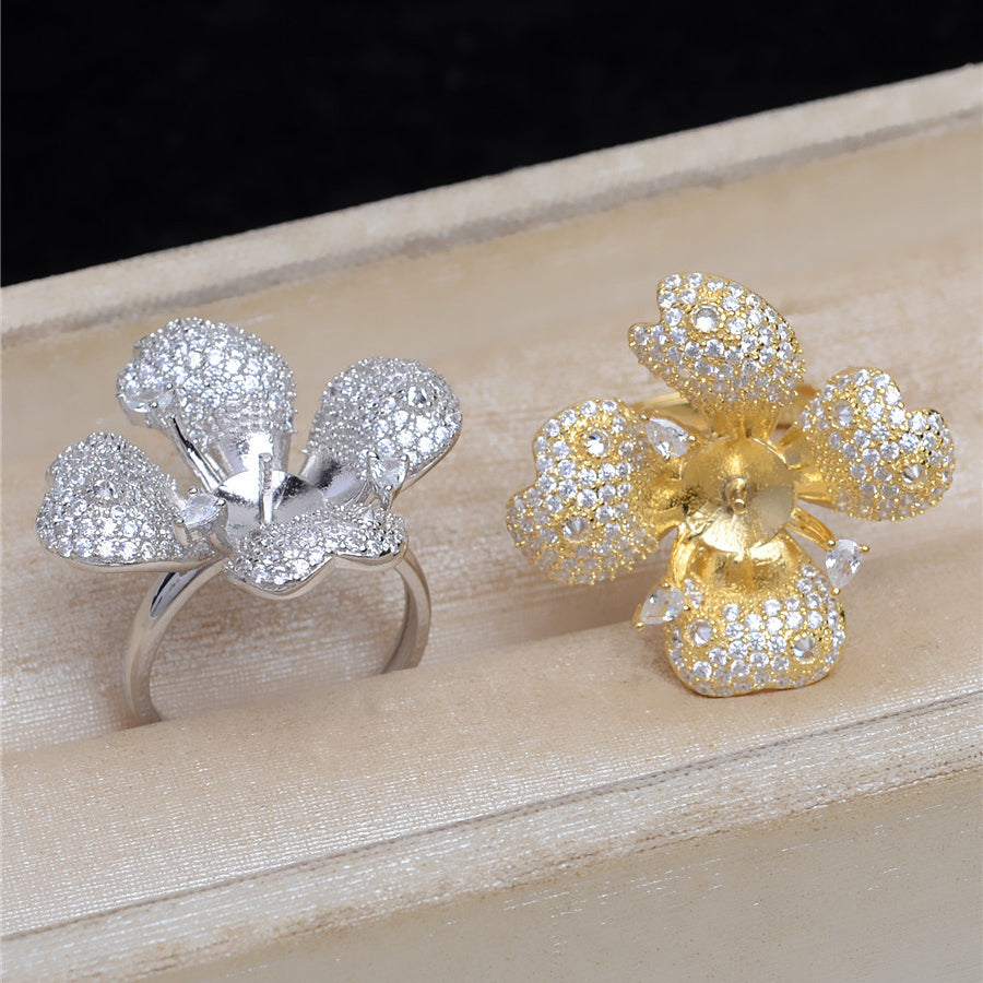 Luxury Silver Cubic Zirconia Flower Pearl Ring Settings - Feliz Pearl 