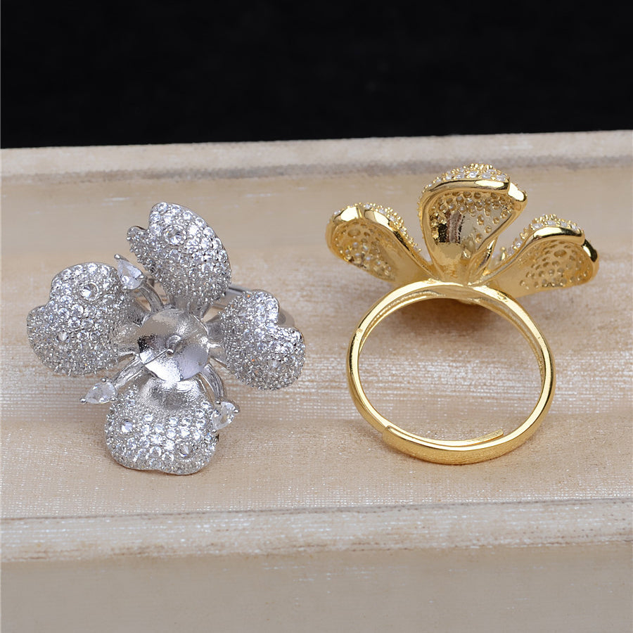 Luxury Silver Cubic Zirconia Flower Pearl Ring Settings - Feliz Pearl 