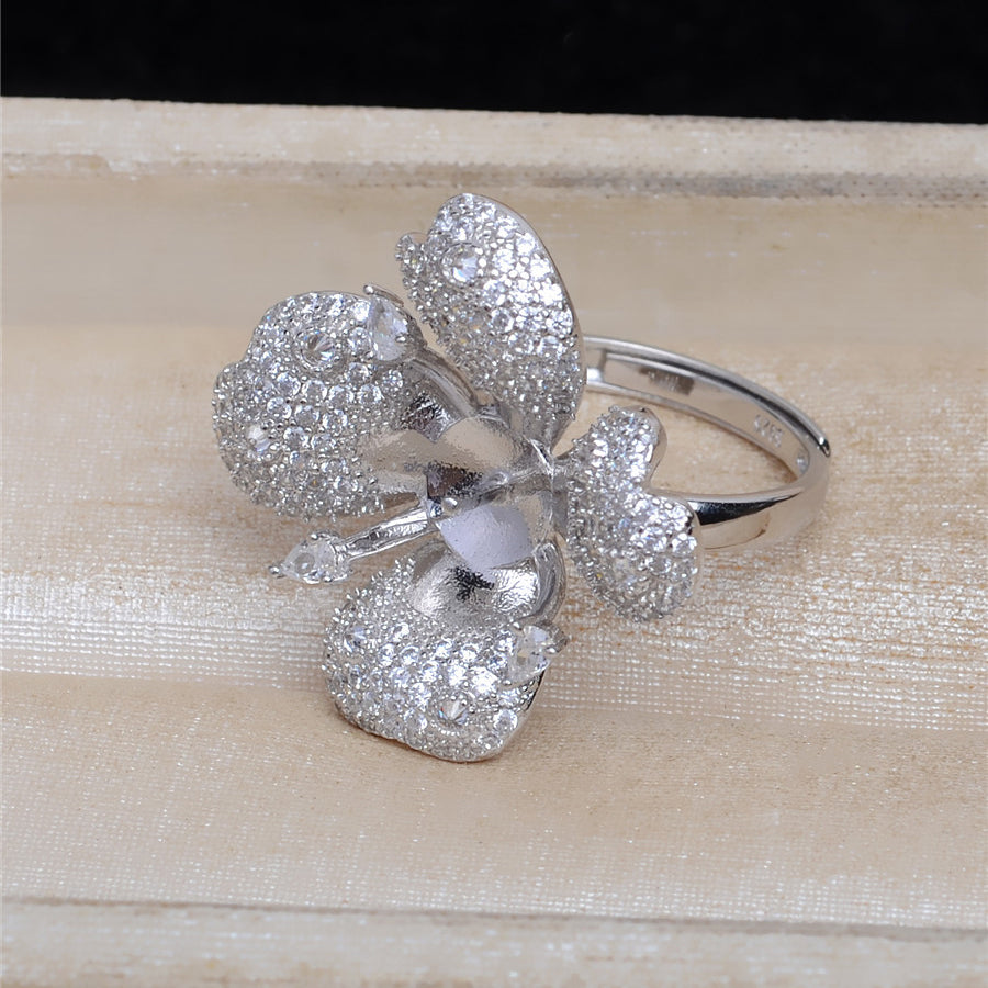 Luxury Silver Cubic Zirconia Flower Pearl Ring Settings - Feliz Pearl 
