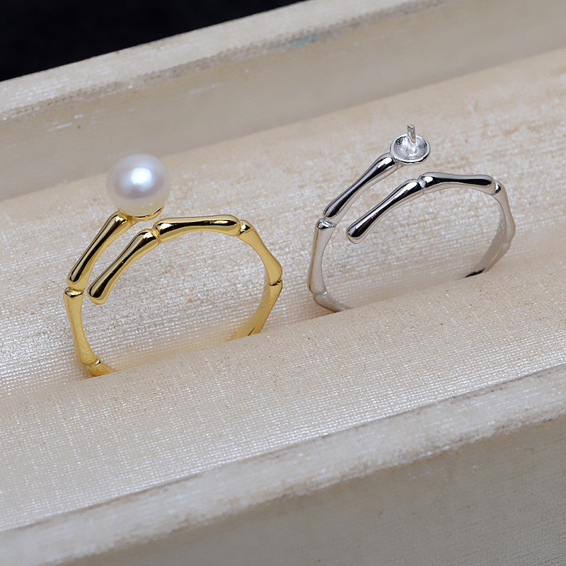 Sterling Silver Bamboo Ring Adjustable Size Pearl Ring Mounting - Feliz Pearl 