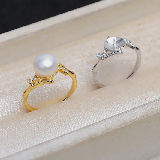 Adjustable Size Pearl Ring Setting-Cubic Zirconia Bamboo Pearl Ring - Feliz Pearl 