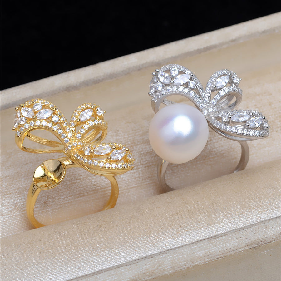 Luxury Cubic Zirconia Bow Tie S925 Sterling Silver Ring Setting - Feliz Pearl 