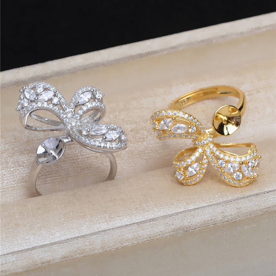 Luxury Cubic Zirconia Bow Tie S925 Sterling Silver Ring Setting - Feliz Pearl 