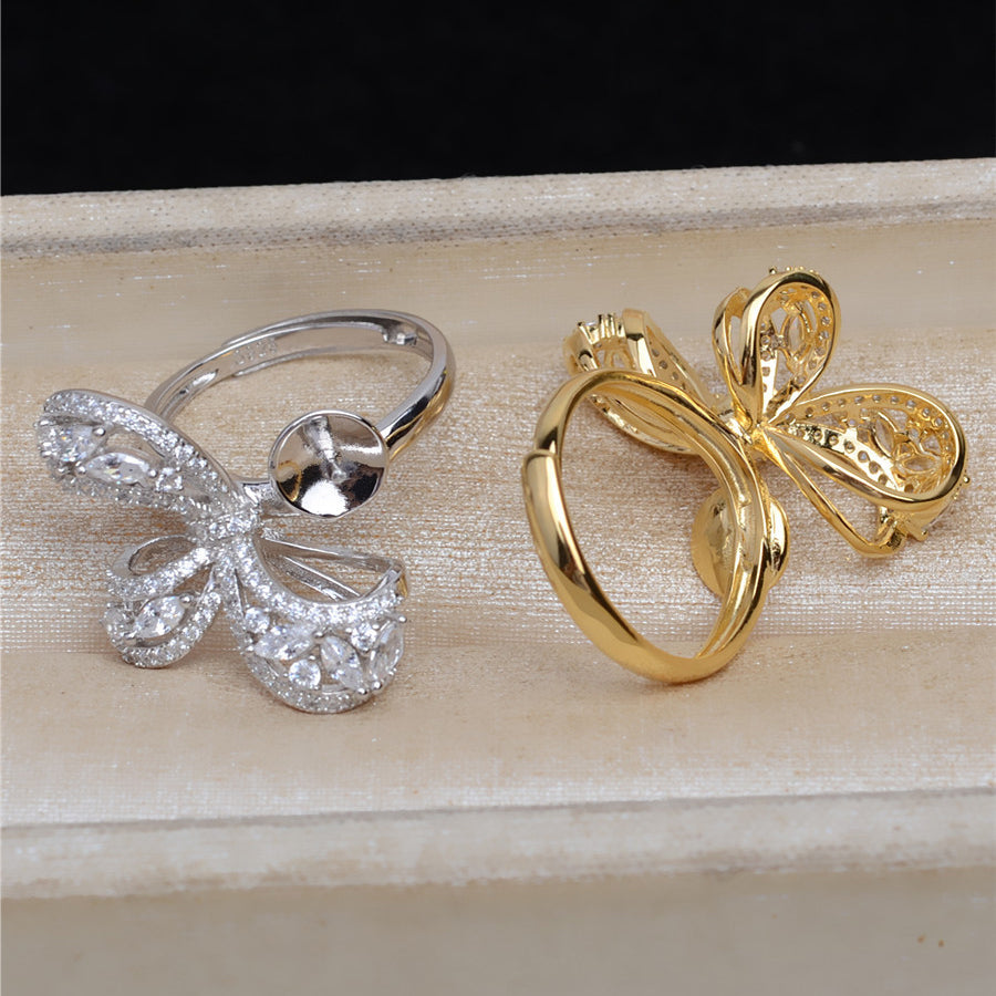 Luxury Cubic Zirconia Bow Tie S925 Sterling Silver Ring Setting - Feliz Pearl 